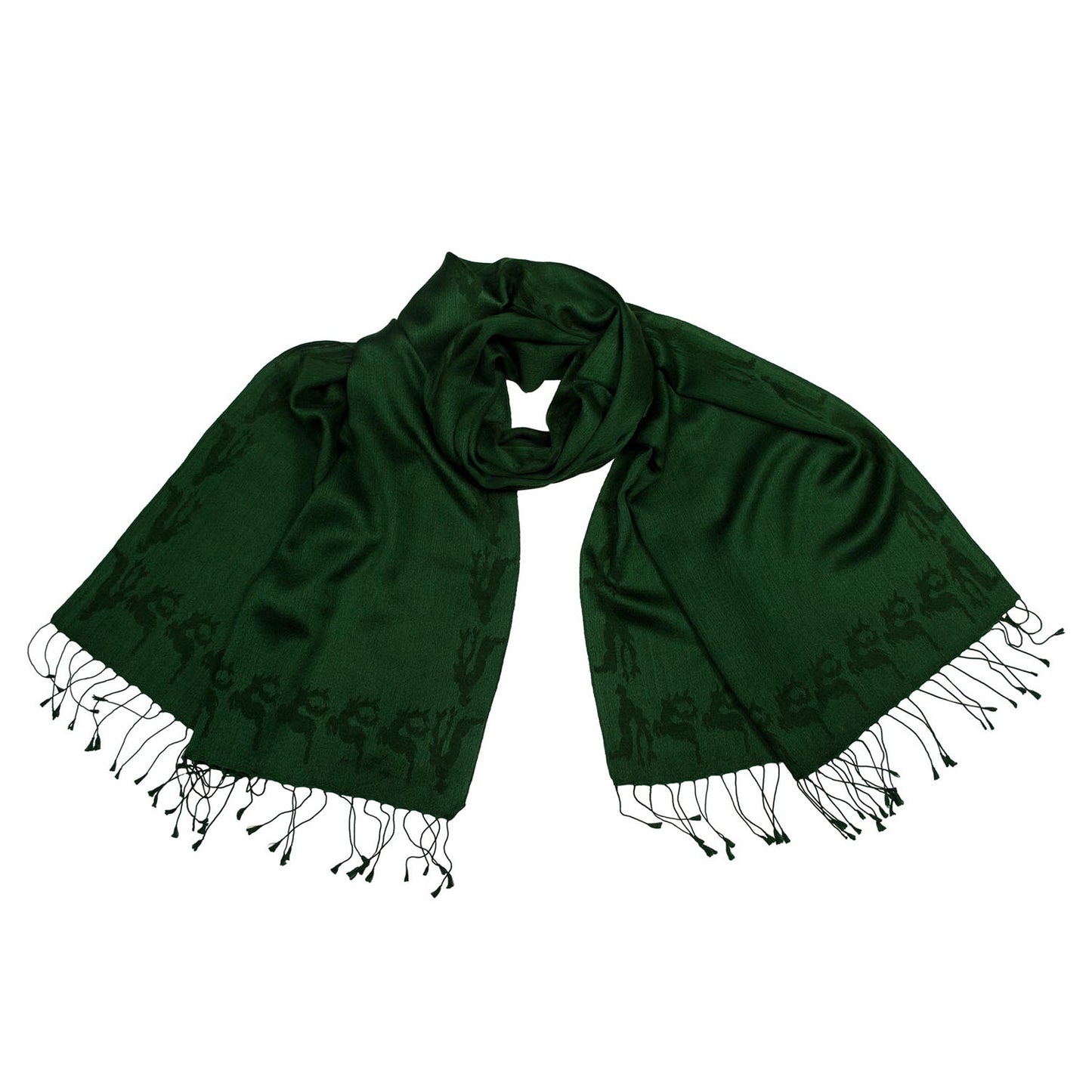 Schal aus Cashmere Seide mit eingewebtem Hirsch, Dunkelgrün Goldgeweih