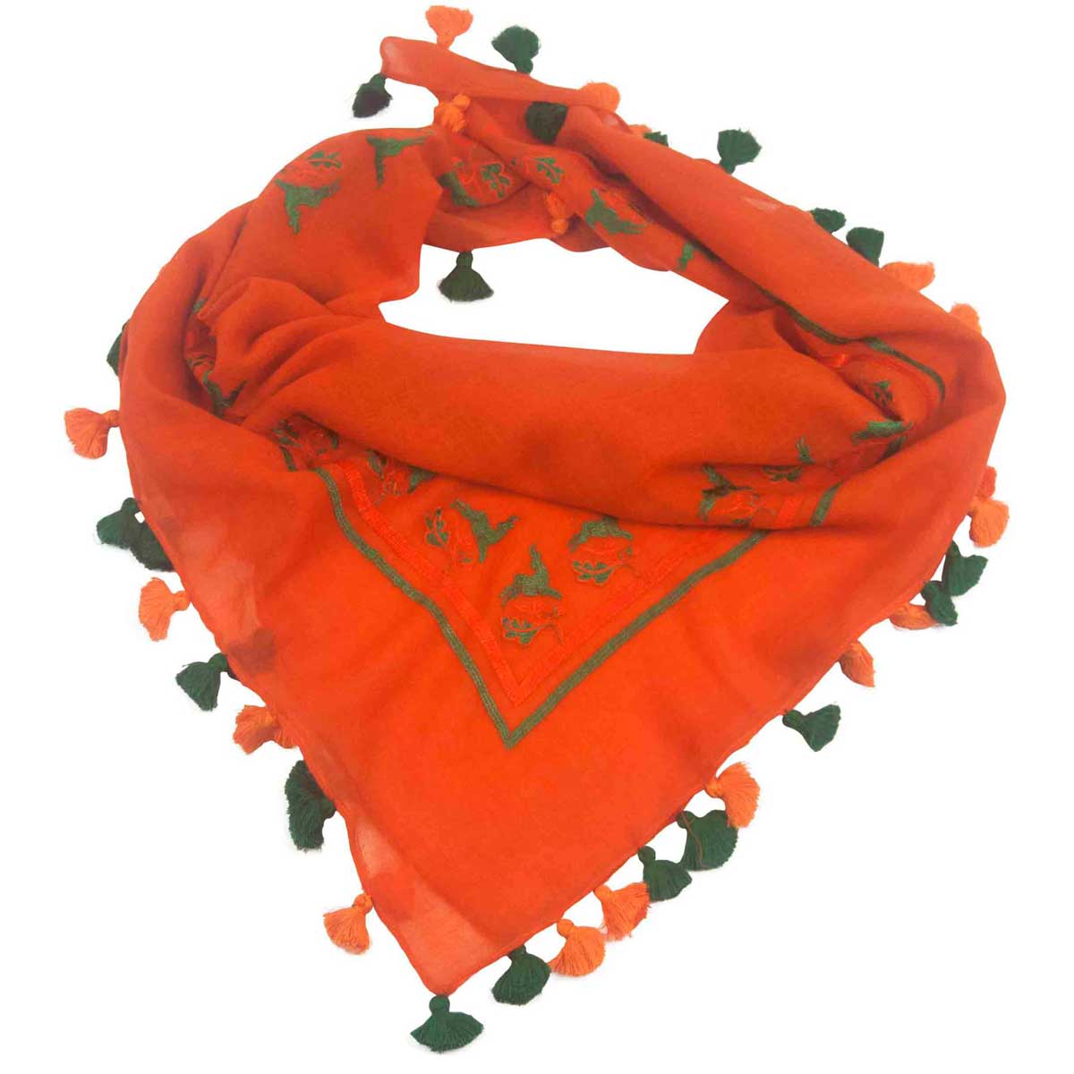Besticktes Trachtentuch aus Wolle mit Quasten in Orange Goldgeweih