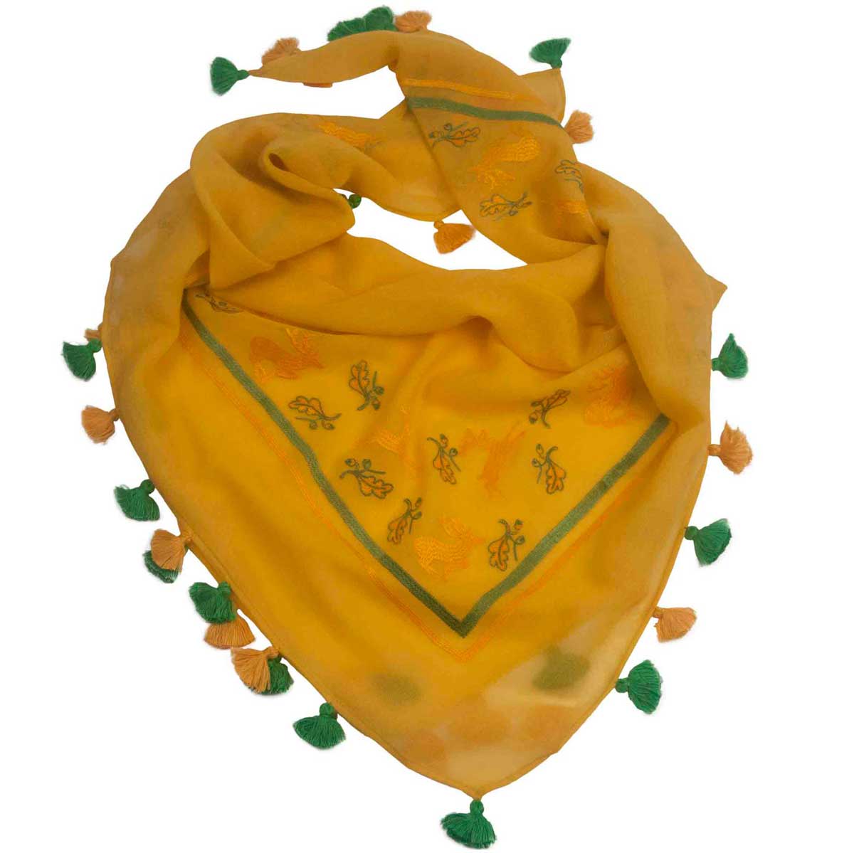 Besticktes Trachtentuch aus Wolle mit Quasten in Gelb Goldgeweih