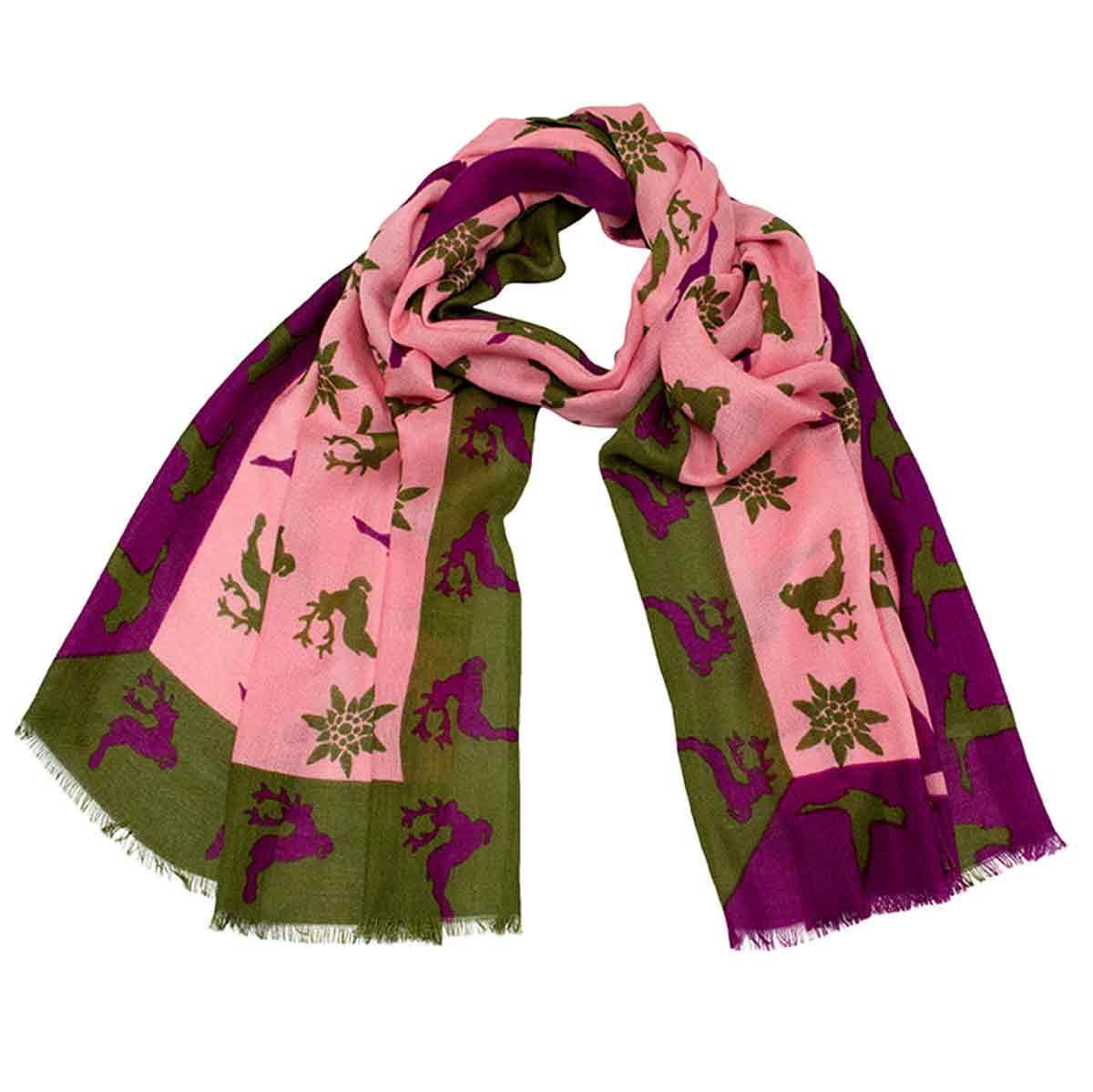 Bedruckter Trachtenschal Elena aus Wolle und Baumwolle in Rosa Goldgeweih