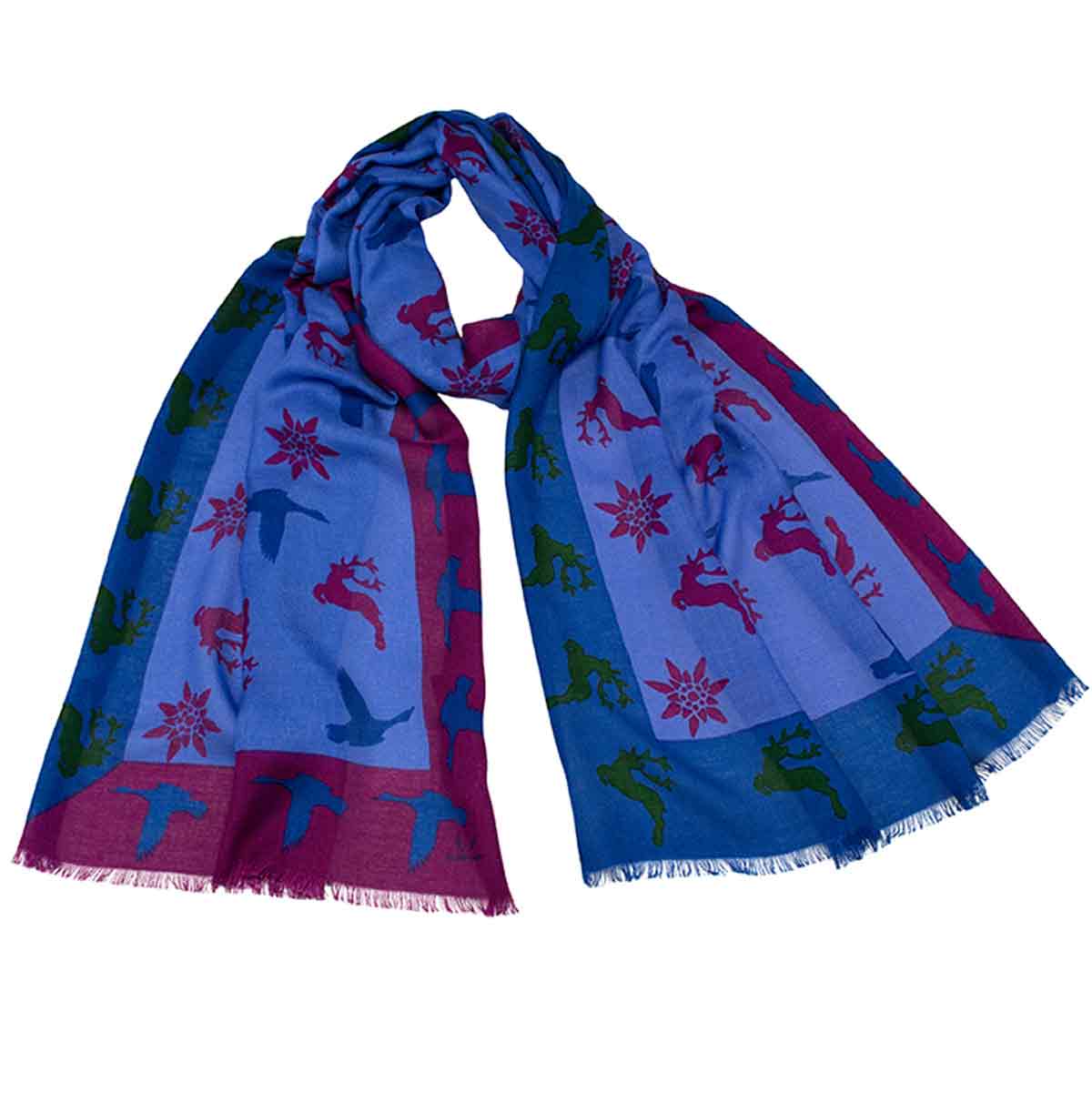 Bedruckter Trachtenschal Elena aus Wolle und Baumwolle in Blau Goldgeweih