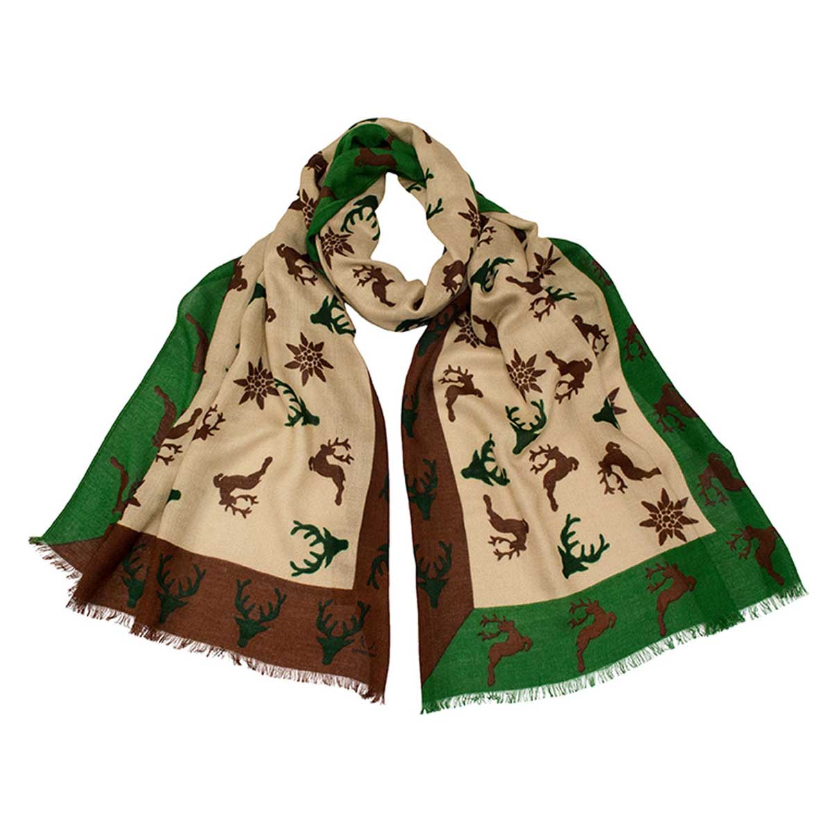 Bedruckter Trachtenschal Mona aus Wolle und Baumwolle in Taupe Goldgeweih