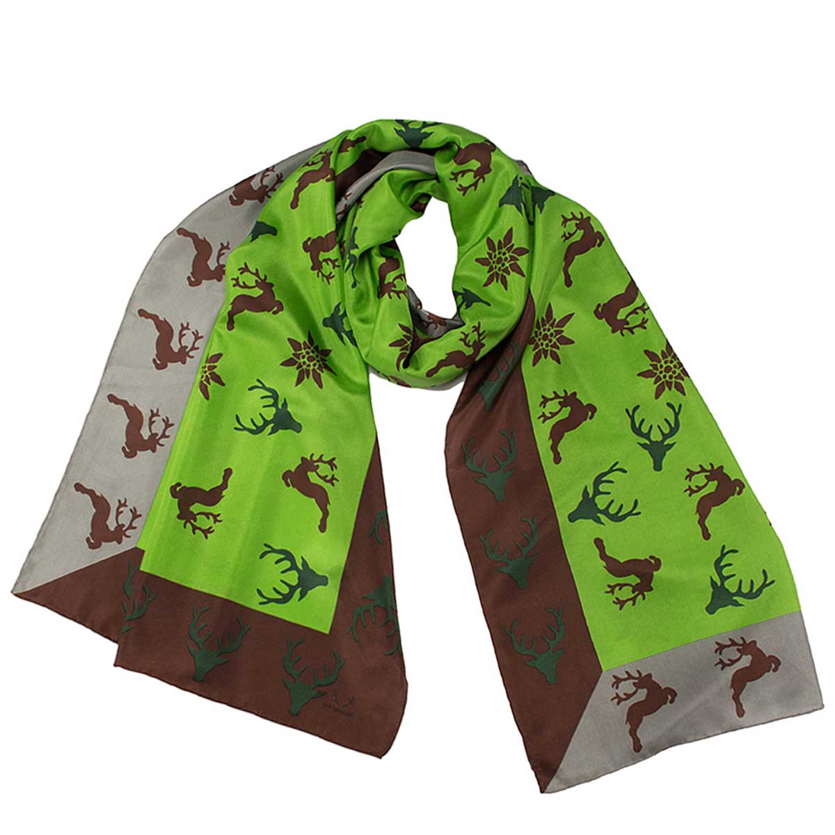 Bedruckter Trachtenschal Mona aus Seide in Grün Braun Goldgeweih
