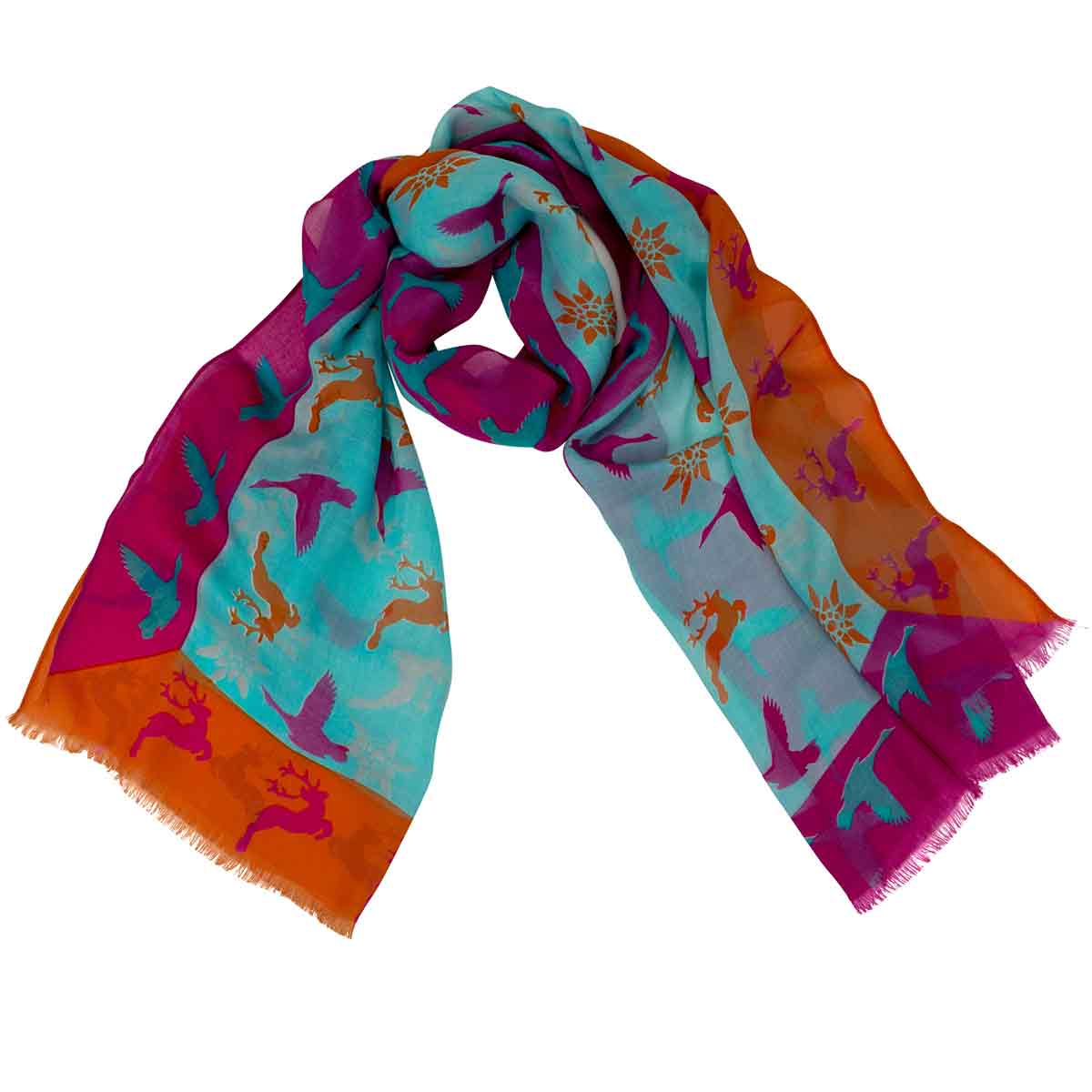 Bedruckter Trachtenschal Elena Modal in Türkis Goldgeweih