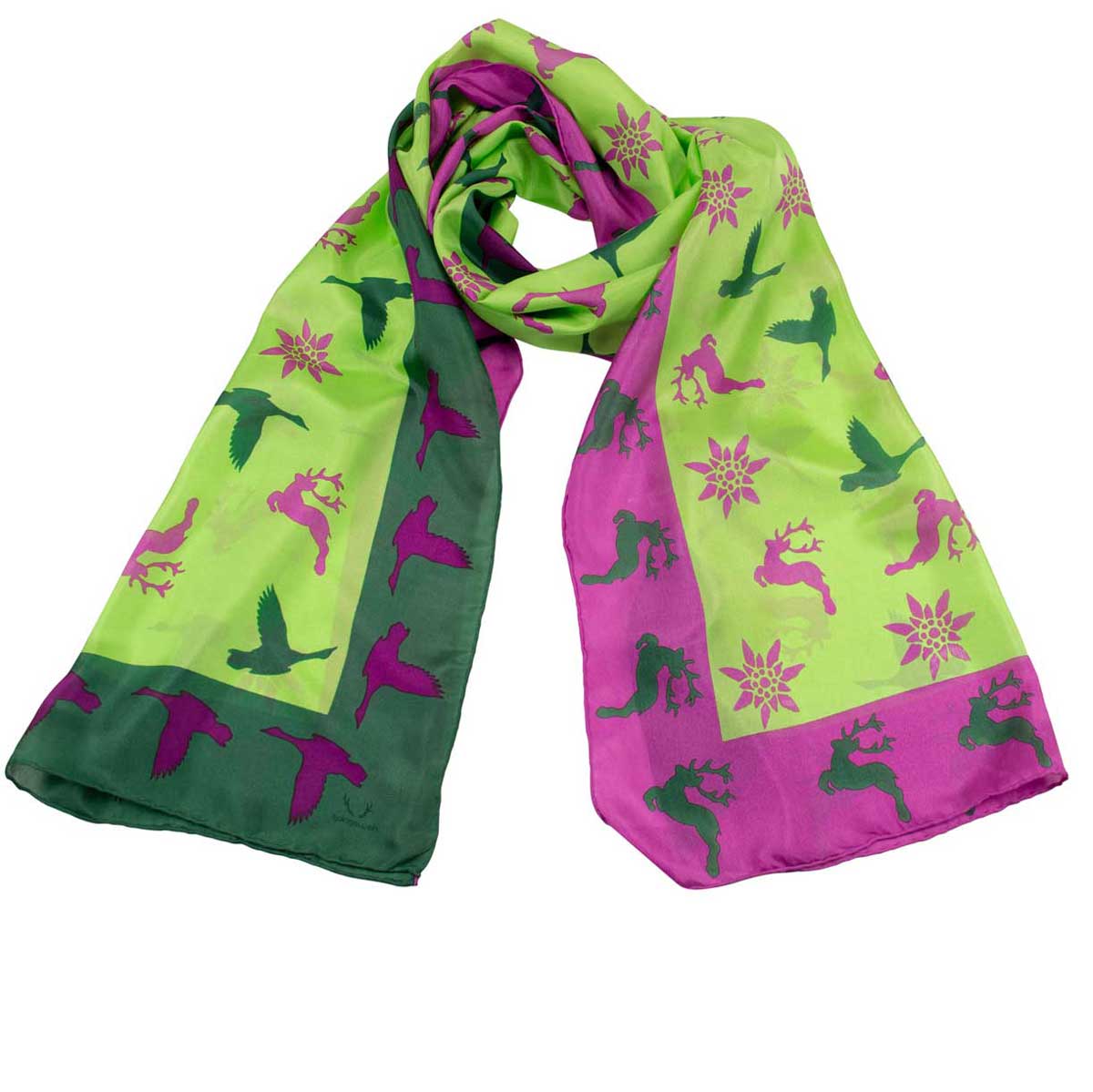 Bedruckter Trachtenschal Elena aus Seide in Grün Goldgeweih