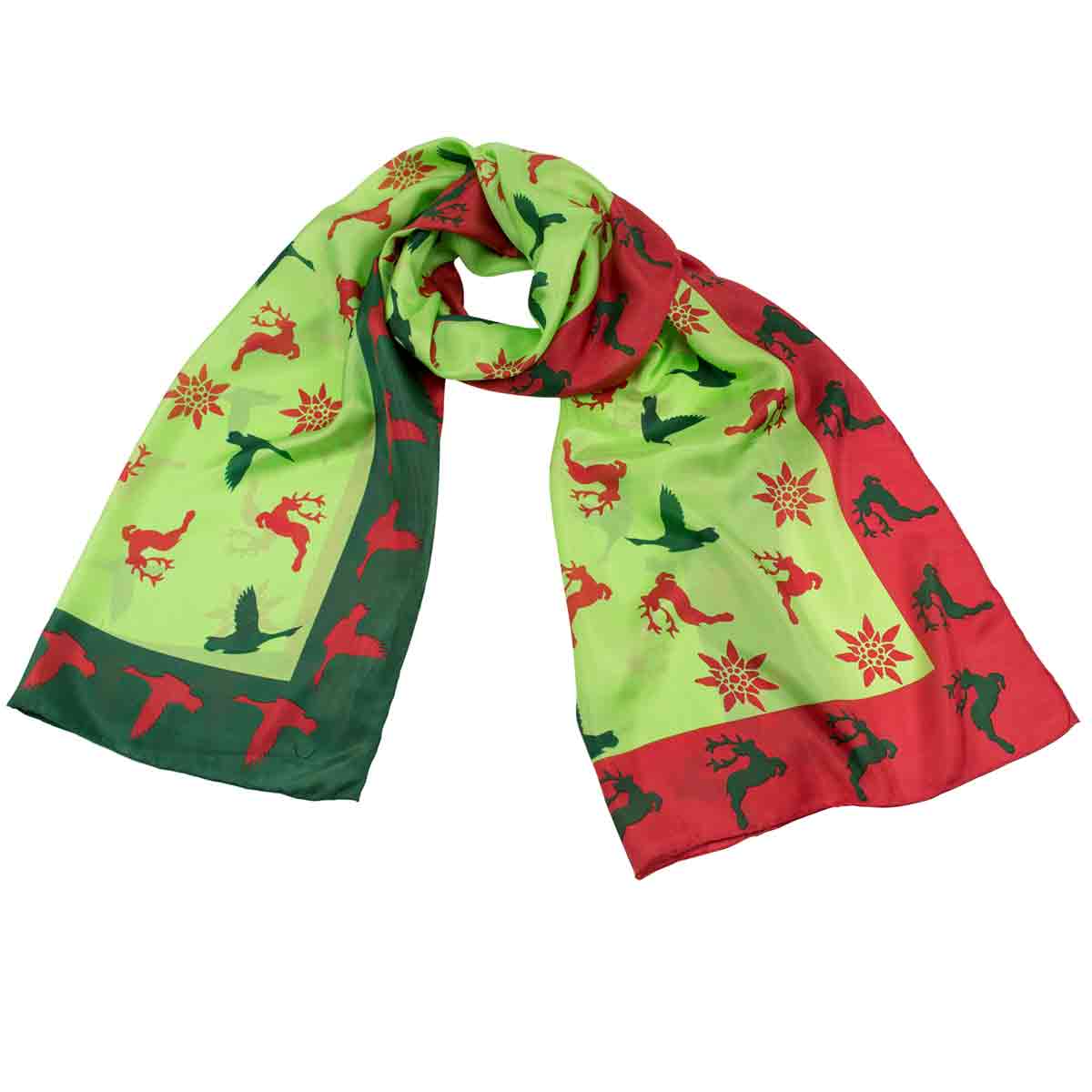 Bedruckter Trachtenschal Elena aus Seide in Grün und Rot Goldgeweih