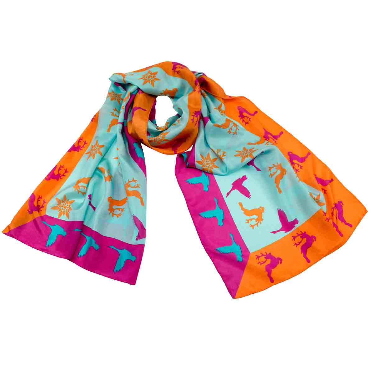 Bedruckter Trachtenschal Elena aus Seide in Türkis Goldgeweih