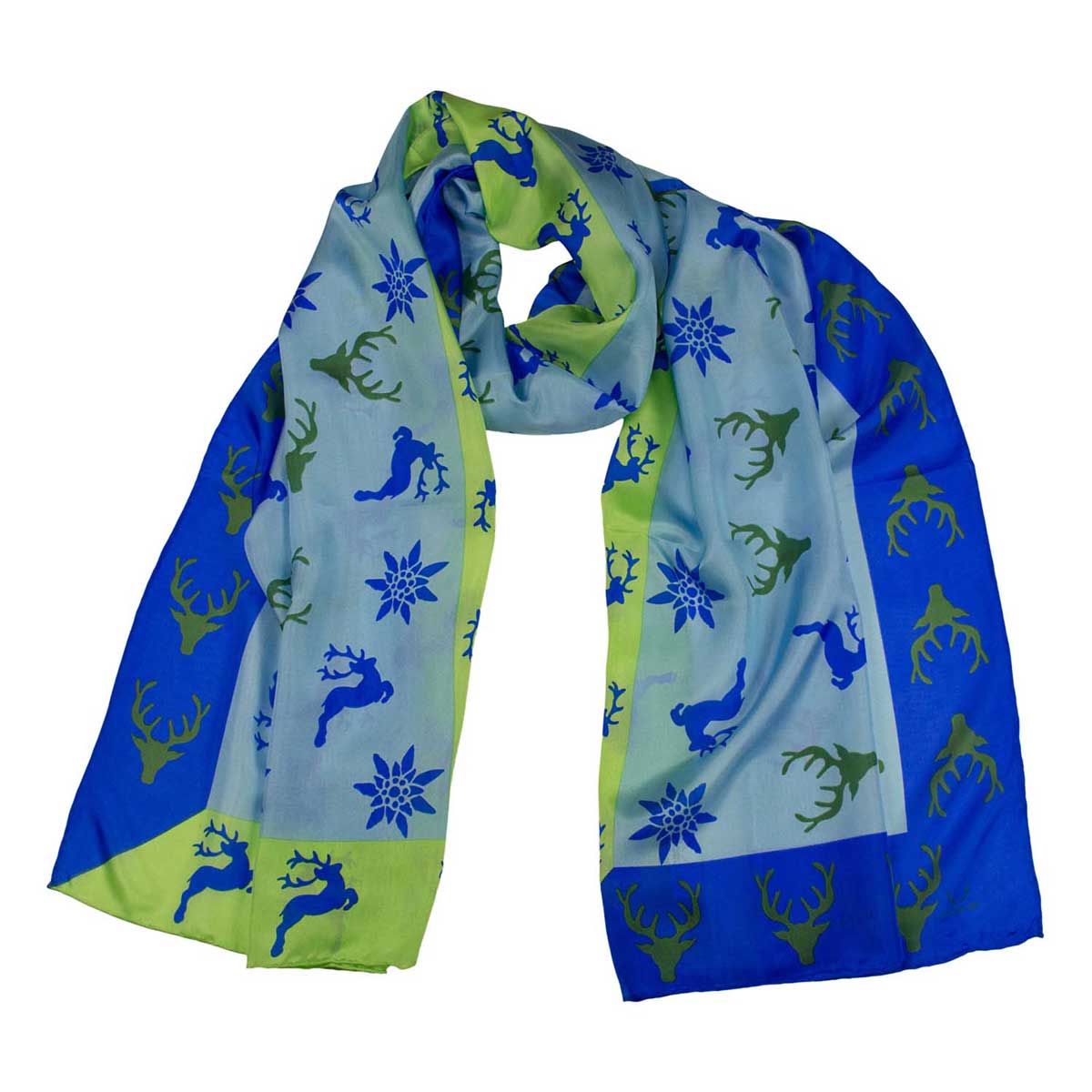 Bedruckter Trachtenschal Mona aus Seide in Blau Goldgeweih