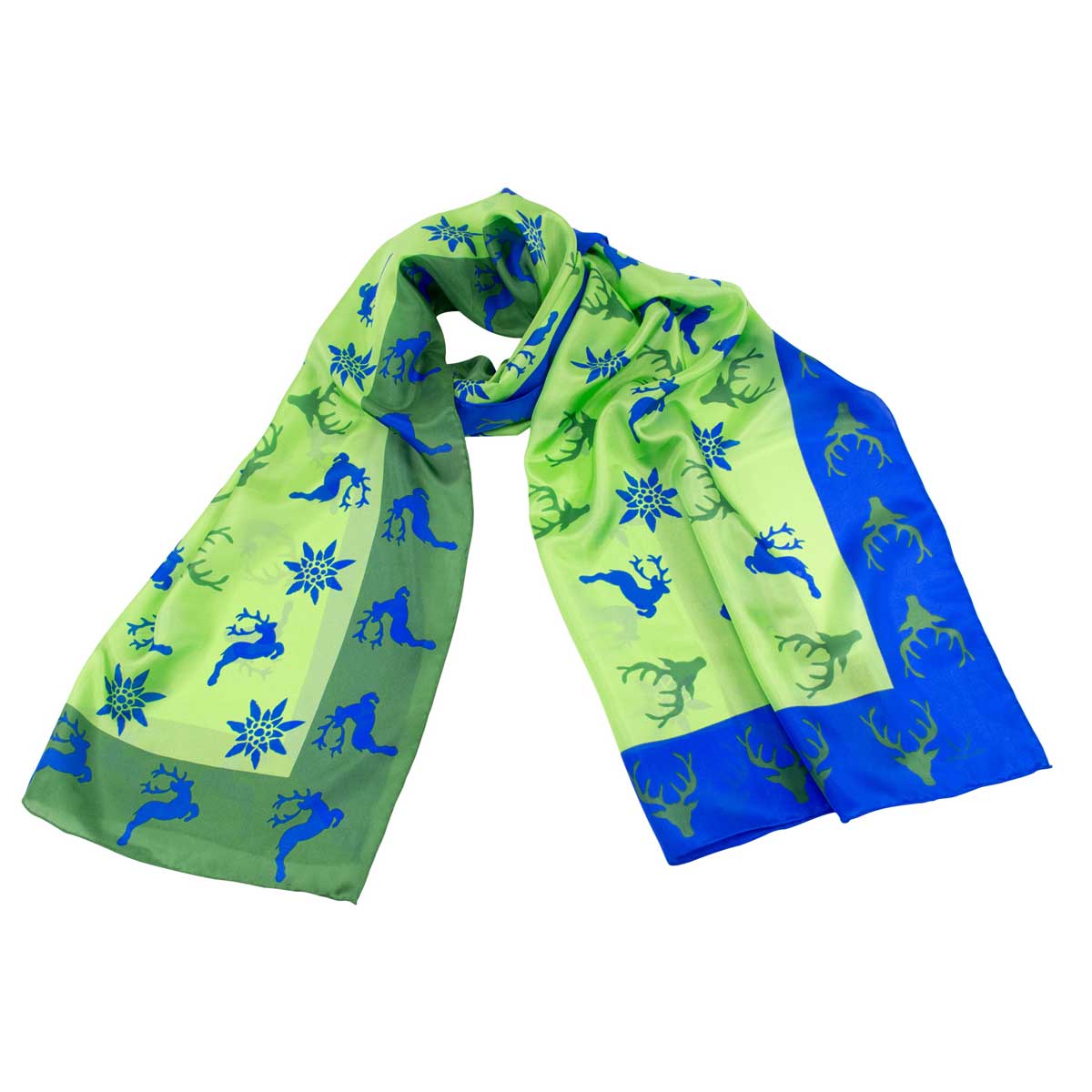 Bedruckter Trachtenschal Mona aus Seide in Grün Goldgeweih