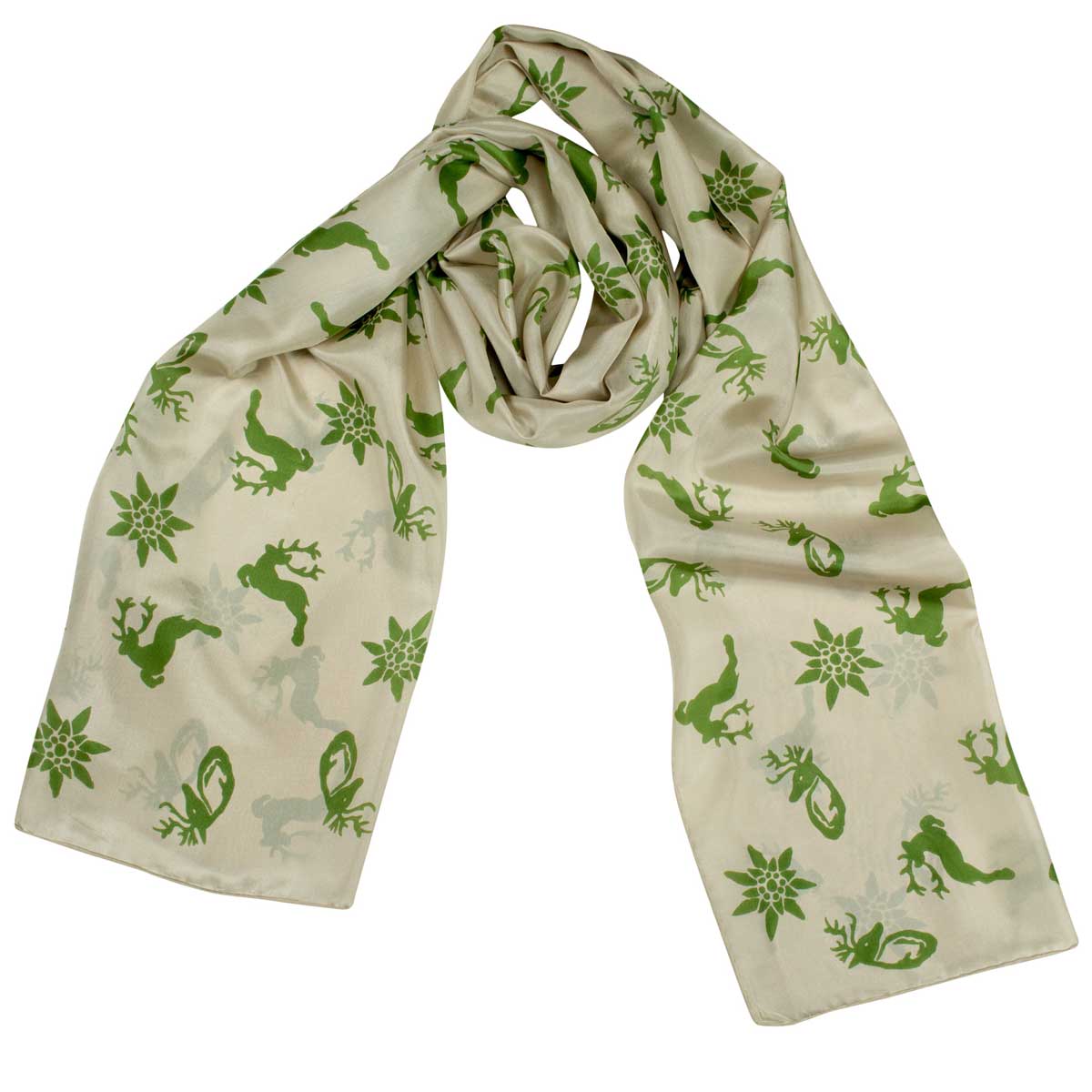 Bedruckter Trachtenschal Emma aus Seide in Beige Goldgeweih