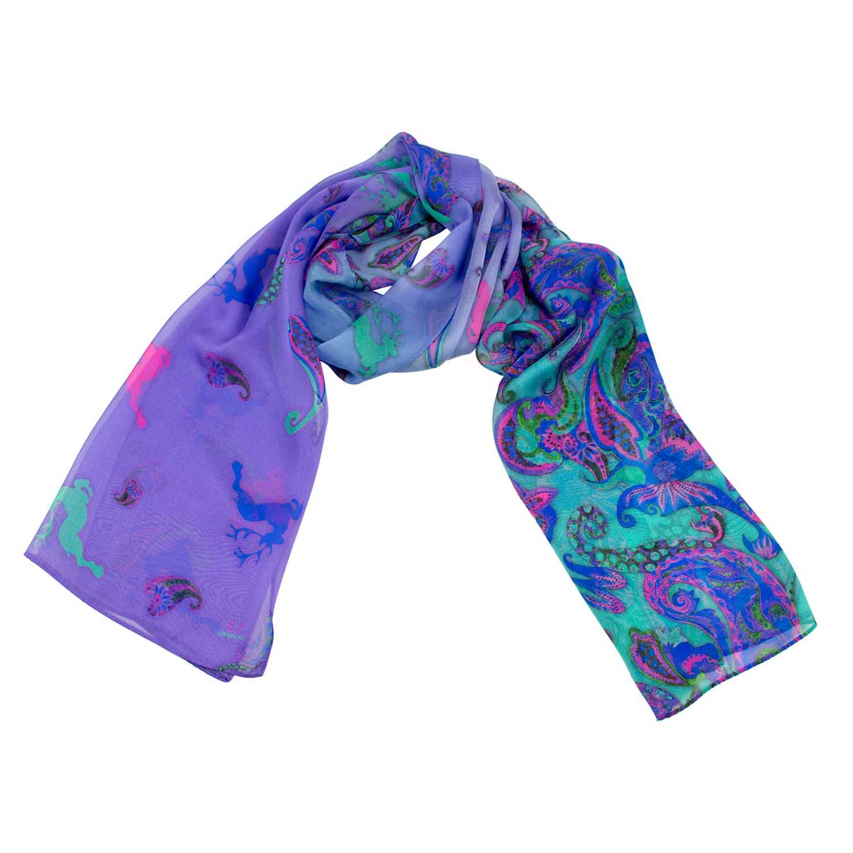 Bedruckter Trachtenschal mit Paisley- und Hirschmotiven in Lila, Türkis Goldgeweih