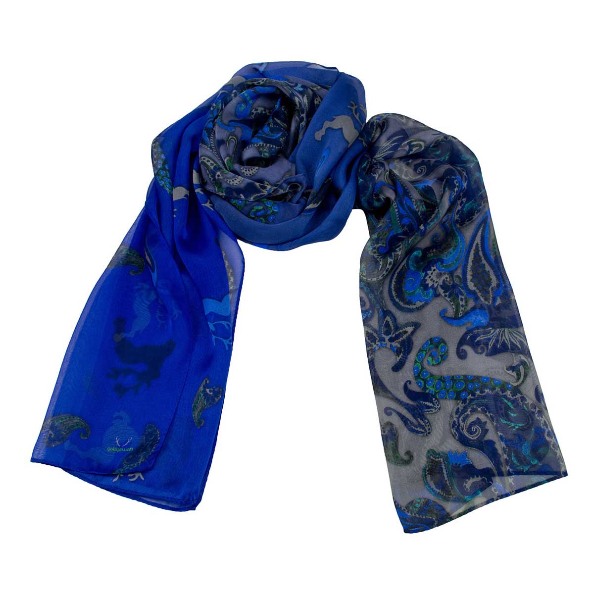 Bedruckter Trachtenschal mit Paisley- und Hirschmotiven in Blau und Grau Goldgeweih