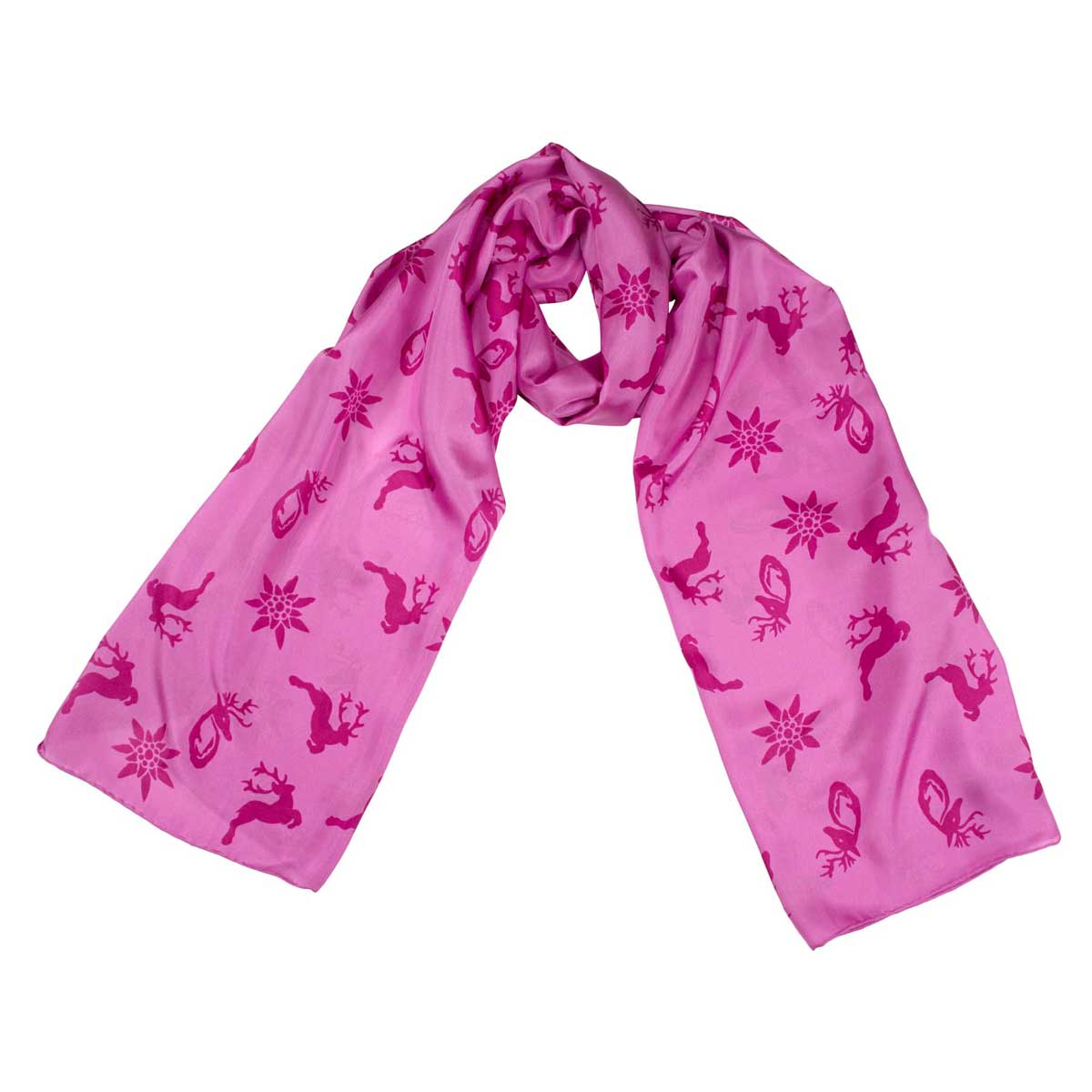 Bedruckter Trachtenschal Emma aus Seide in Rosa Goldgeweih