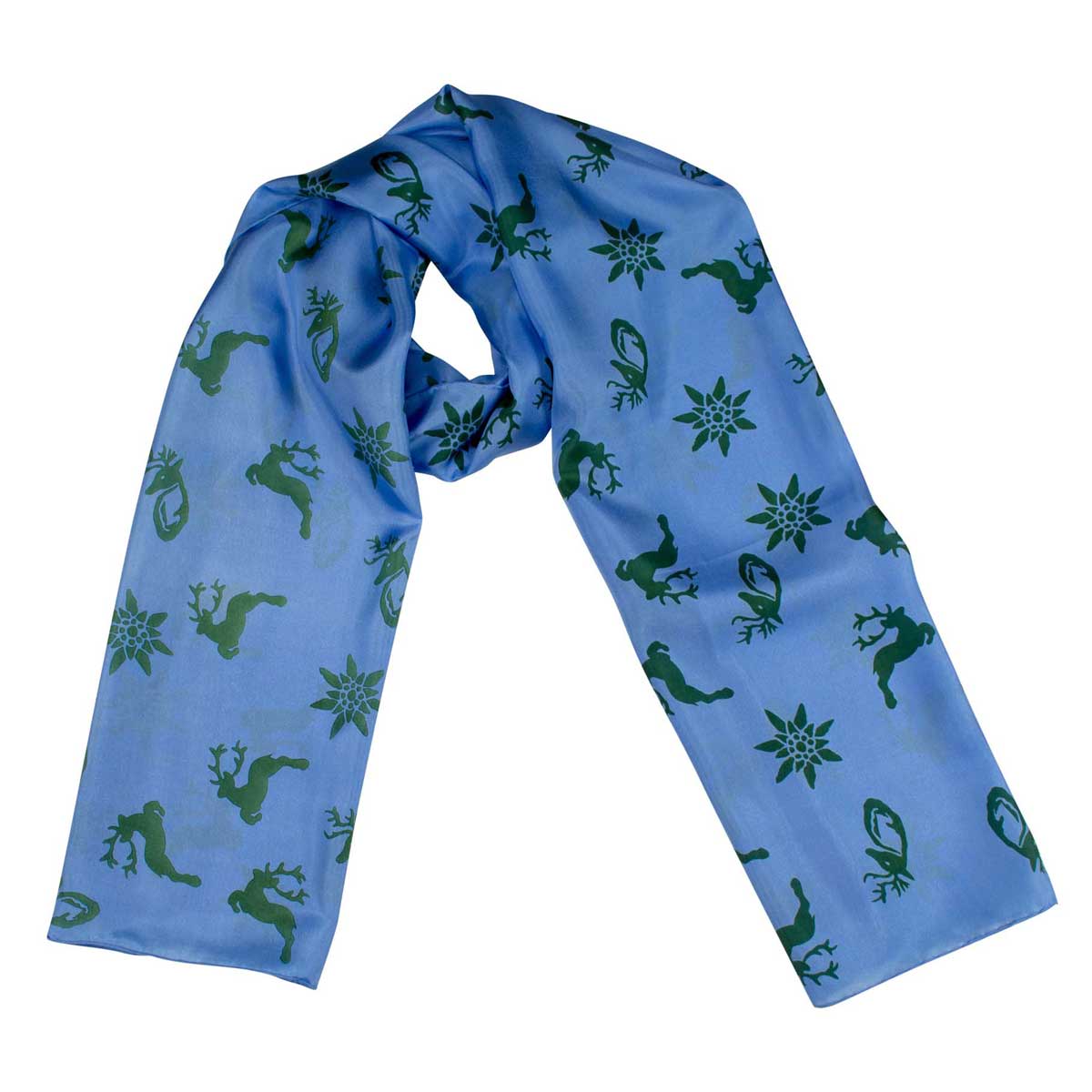 Bedruckter Trachtenschal Emma aus Seide in Hellblau Goldgeweih