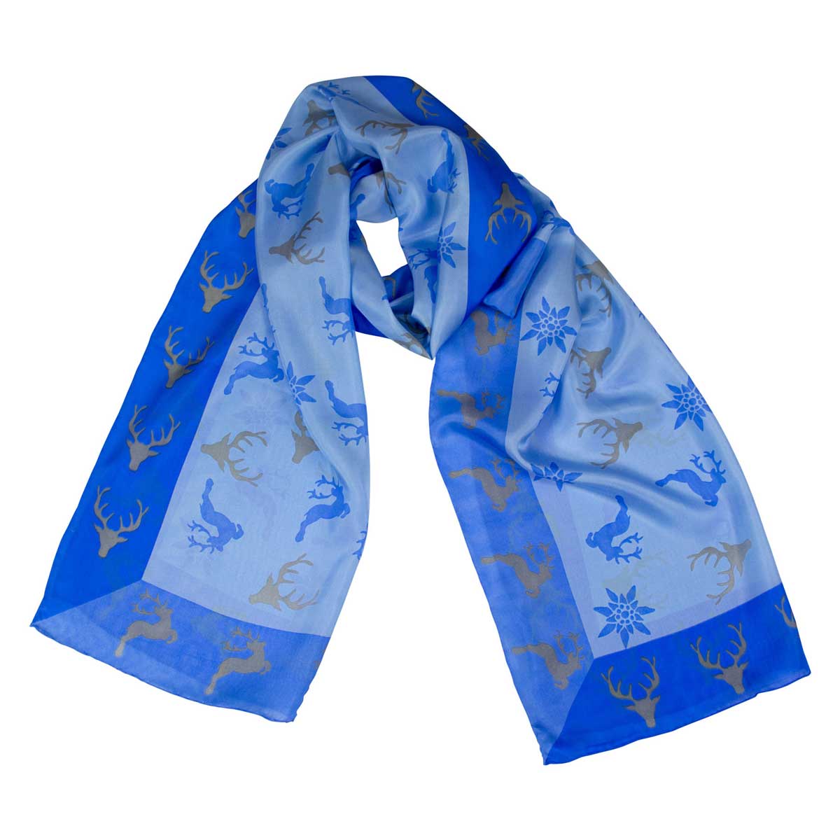 Bedruckter Trachtenschal Mona aus Seide in Topas Blau Goldgeweih