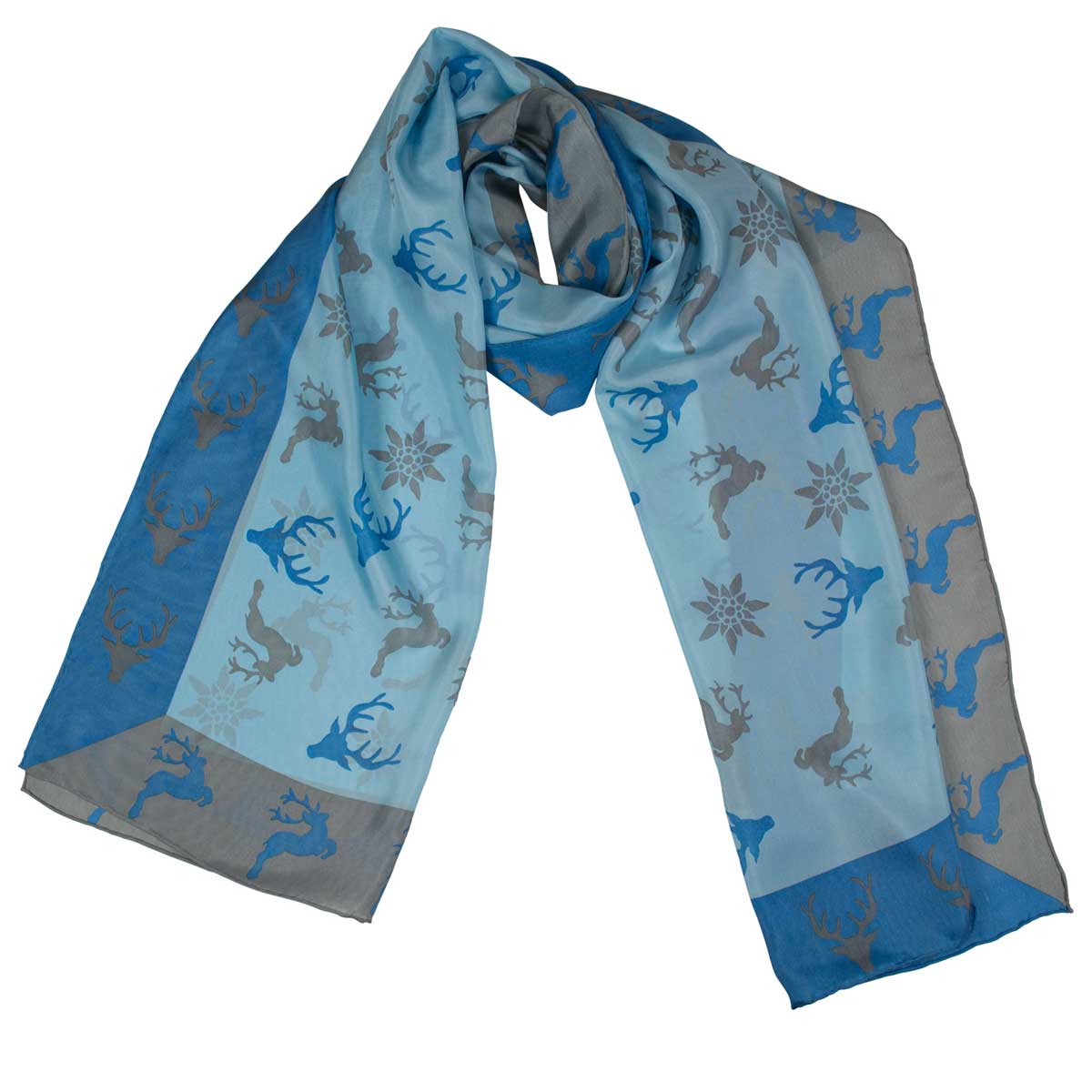 Bedruckter Trachtenschal Mona aus Seide in Arktik Blau Goldgeweih