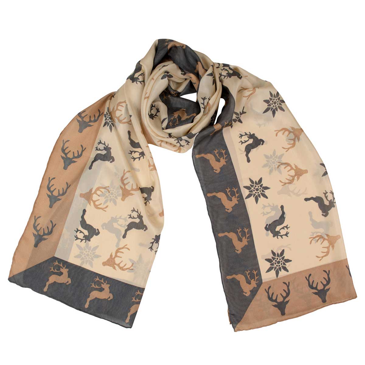 Bedruckter Trachtenschal Mona aus Seide in Beige Grau Goldgeweih