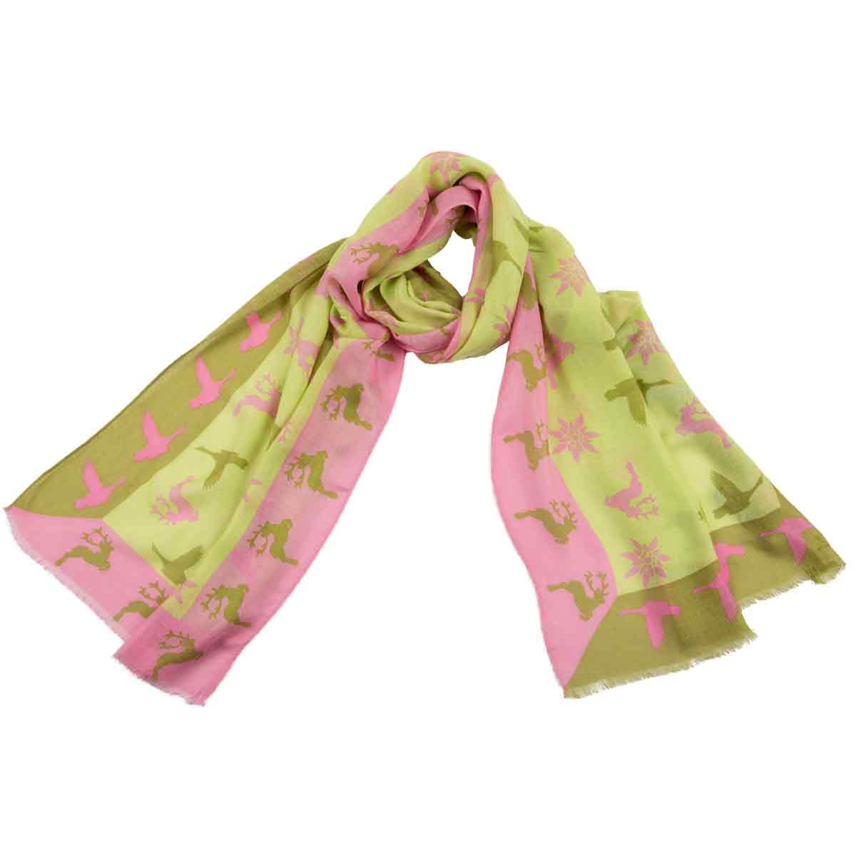 Bedruckter Trachtenschal Elena aus Wolle und Baumwolle in Hellgrün Goldgeweih