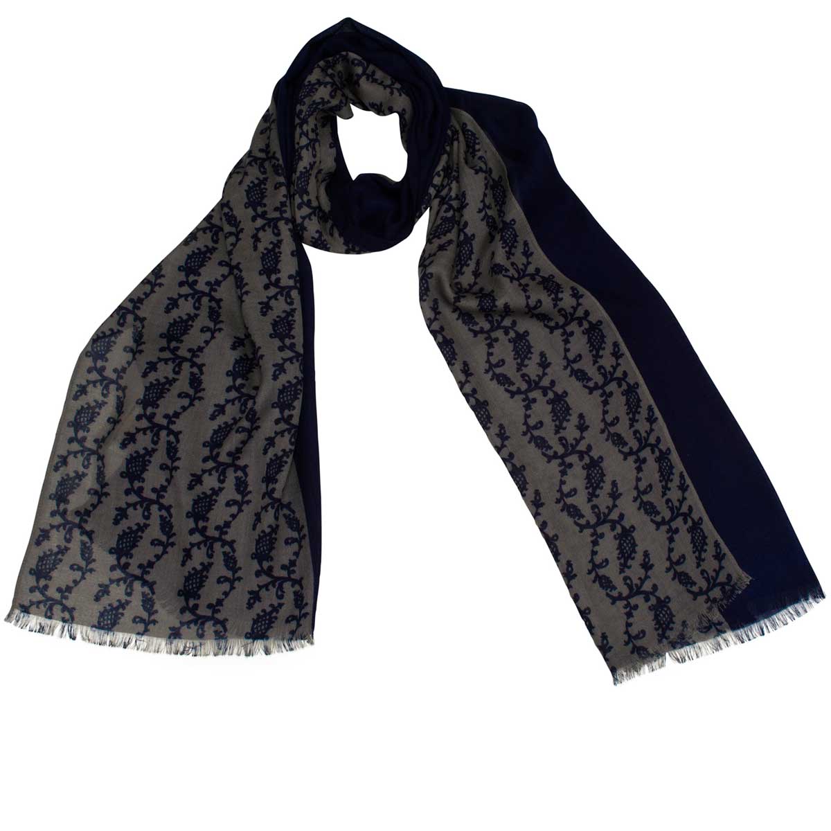 Bedruckter Trachtenschal Helena Grau und Dunkelblau Goldgeweih