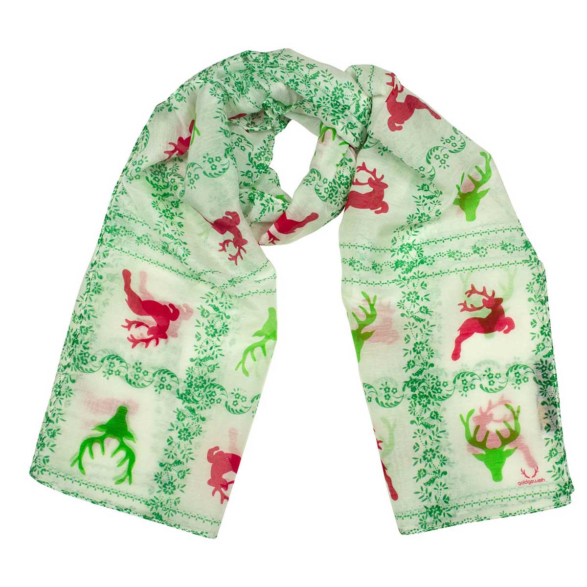 Bedruckter Schal Maja Rot, Grün Goldgeweih