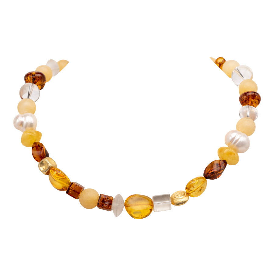 Bernstein Collier Grecia mit Barockperle und Bergkristall Goldgeweih