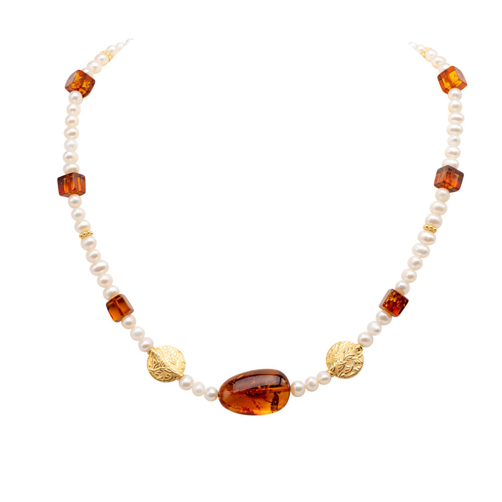Bernstein und Perlen Collier Kiana Goldgeweih