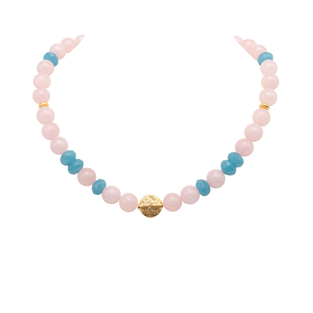 Collier Anniki mit Rosenquarz und Angelit Goldgeweih