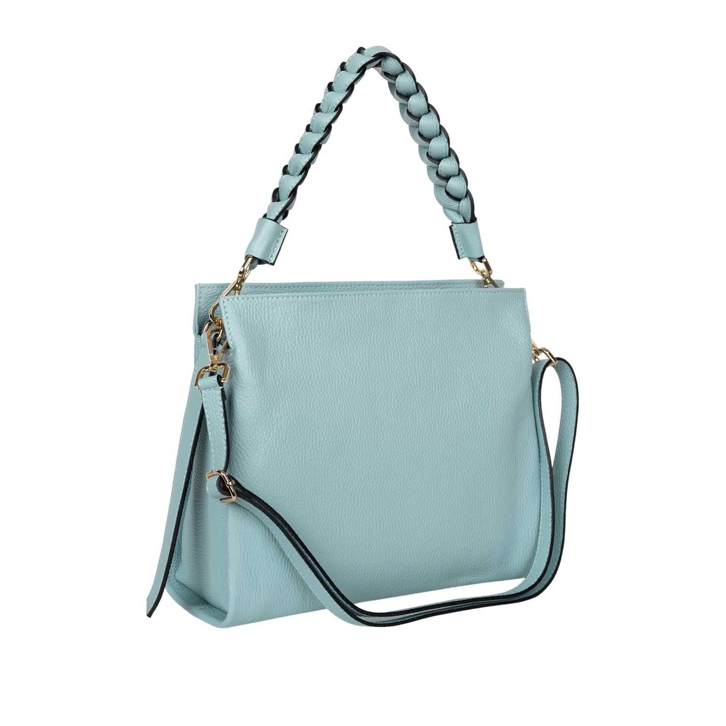 Handtasche Mira Hellblau mit geflochtenem Ledergriff Goldgeweih
