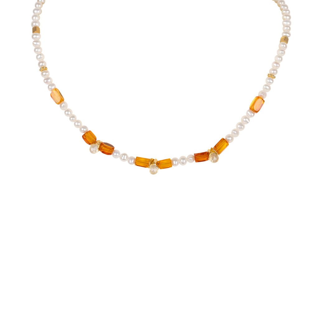 Bernstein und Perlen Collier Charlotta Goldgeweih