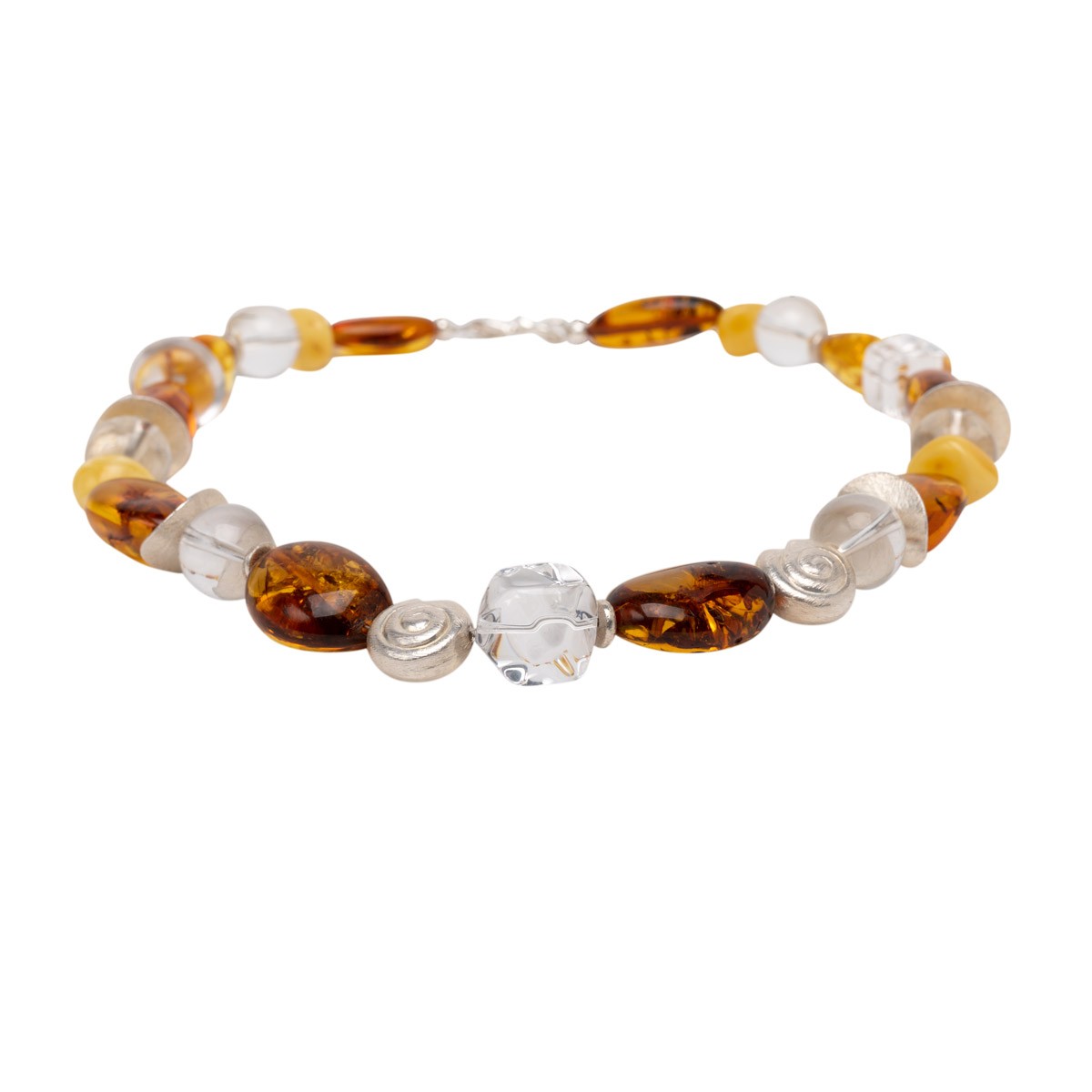 Bernstein und Bergkristall Collier Brea Goldgeweih